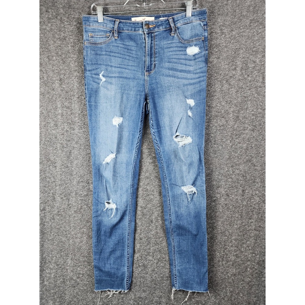 Hollister Jeans Womens 11R High Rise Super Skinny Blue Distressed Raw Hem EUC